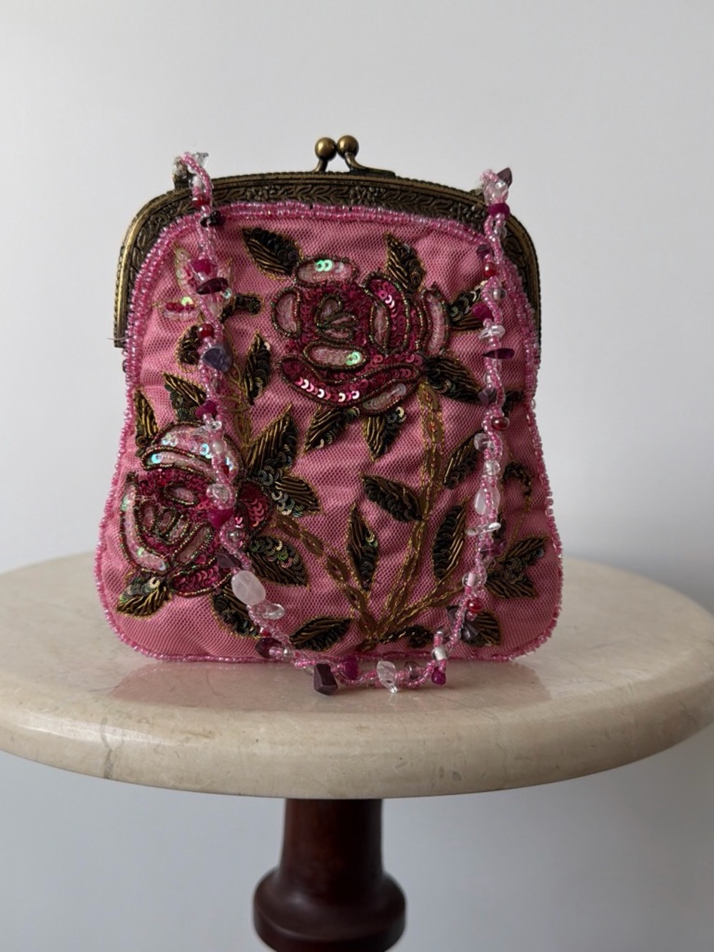 Vintage MOYNA Hand Beaded Rose Silk Mini Purse